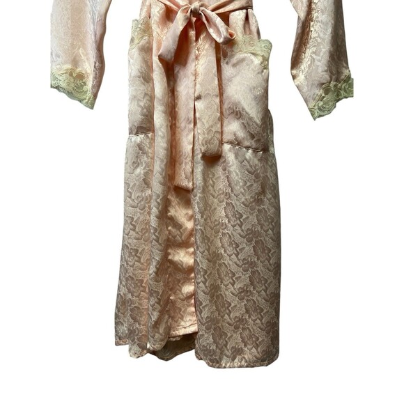 VICTORIA'S SECRET Vintage 90s Gold Label Long Satin Robe Belted Peach Lace M/L - Picture 4 of 14